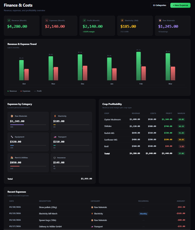 Finanzansicht mit Umsatz, Kosten, Profitabilitaet und Ausgaben